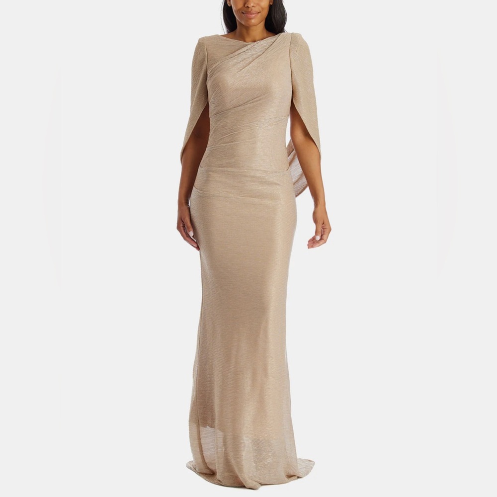 Betsy & Adam Long Metallic Crinkle Drape Back Dress